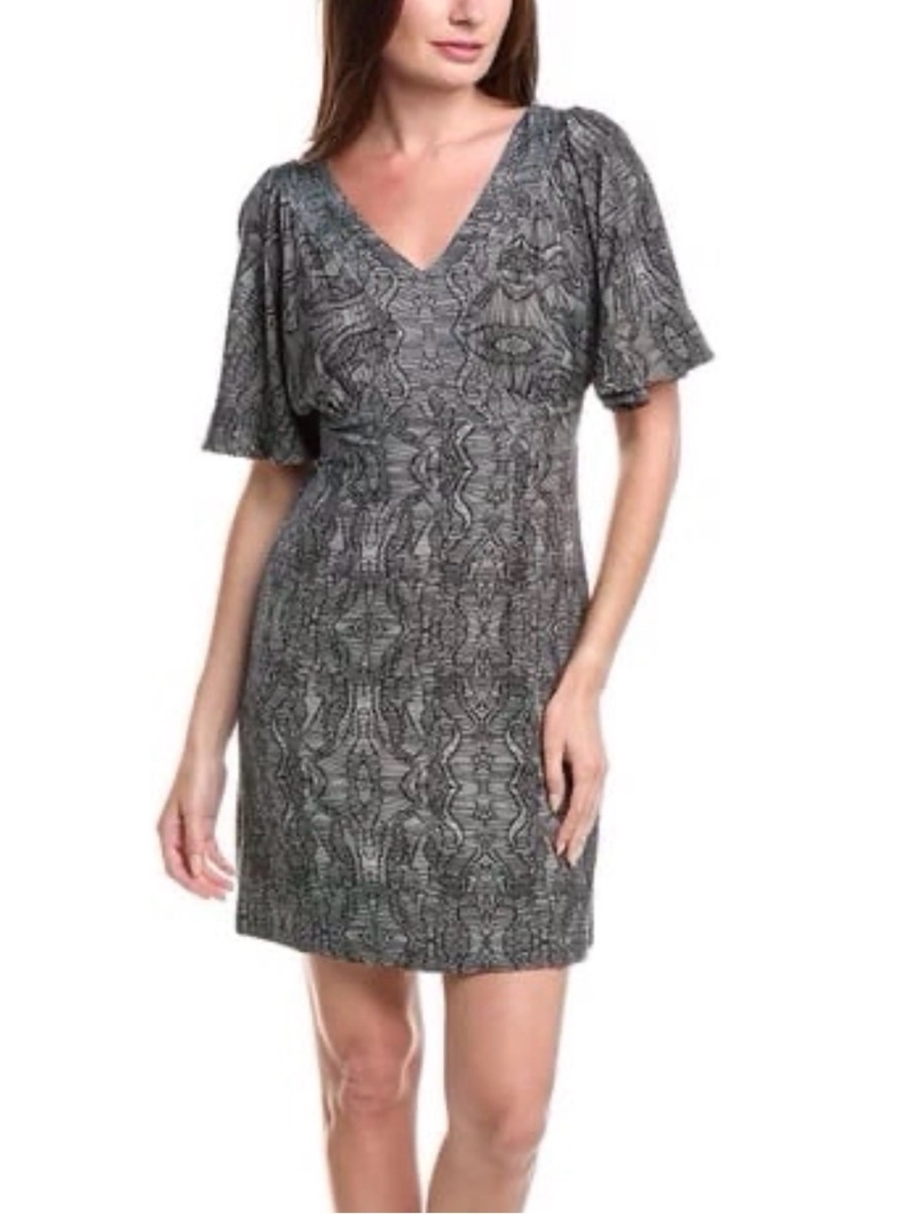 CAbi Gray Patterned V-Neck Mini Dress N0585
